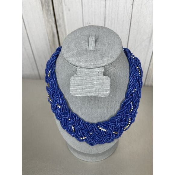 Blue Seed Bead Multi Strand Braided & Rhinestone Collar Statement Necklace - Picture 1 of 4
